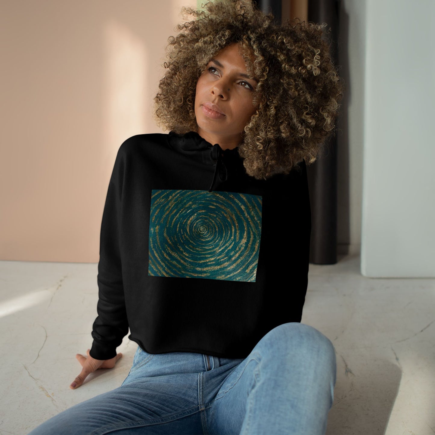 B. Art Inspired Designed Crop Hoodie - Meaningful Fashion for Casual Outings Printed With Original Custom Artwork "Emerald Perfection"